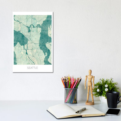 Seattle Vintage Blue Watercolor Urban Blueprint Map by Hubert Roguski - Wrapped Canvas Print