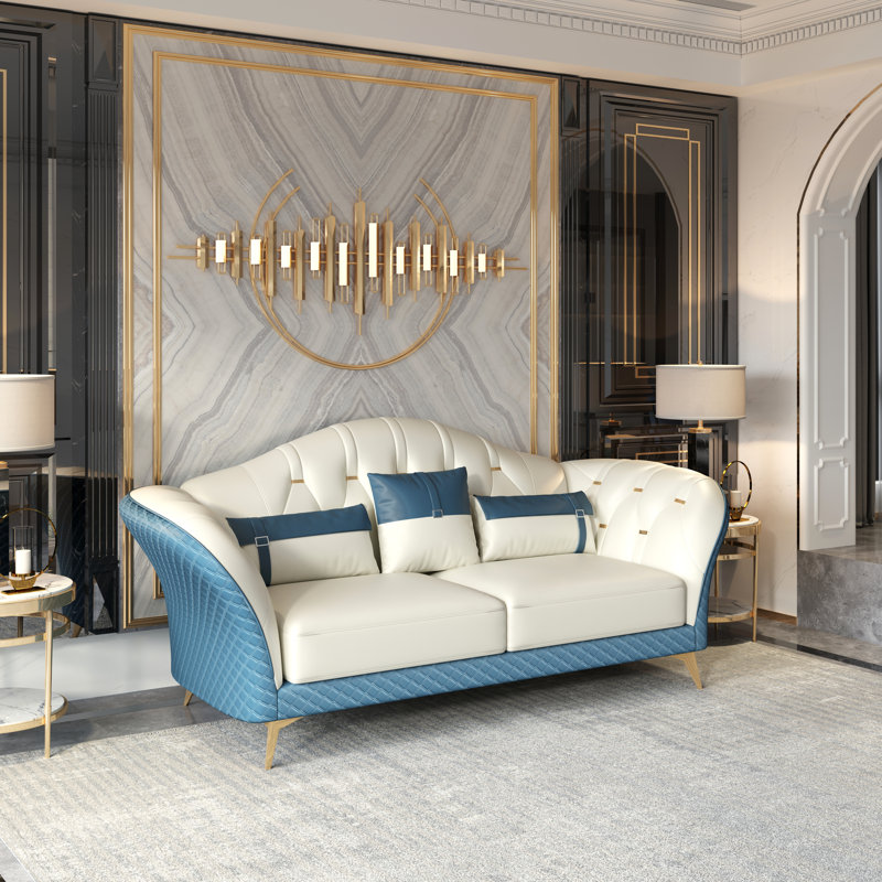 Amalia Sofa, White/Blue Genuine Leather