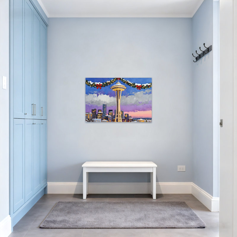 Guirlande de Noël de Noël à l'horizon de Seattle, vue de nuit, H 16 po x l 24 po