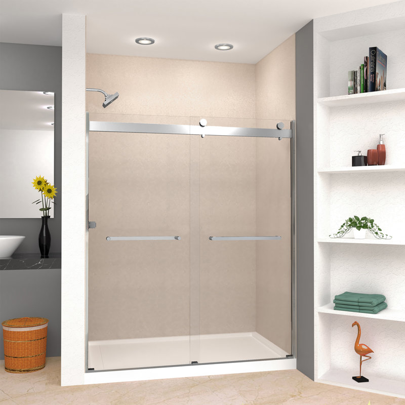 Porte de douche coulissante sans cadre Transoler Brianna, l 60 po x H 70 po, verre trempé transparent de 5/16 po, Chrome