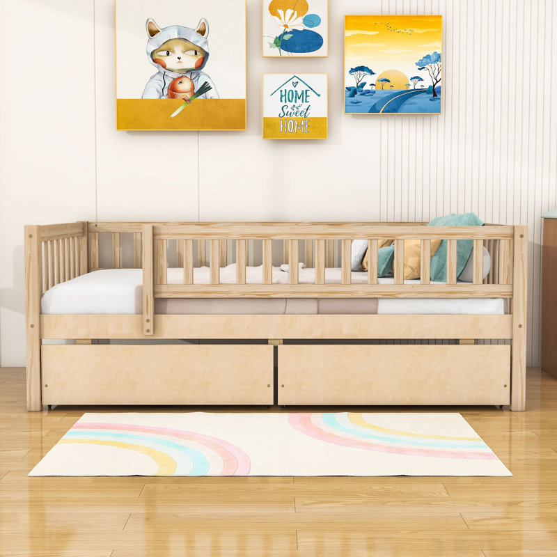 Twin Size 2 Drawers Wooden Daybed with Fence, Natural