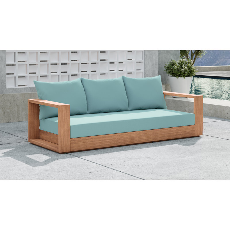 Canapé d'extérieur Tulum en teck de 87 po de largeur avec coussins, Bleu mer