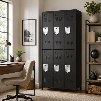 Armoire de rangement métallique à 6 compartiments et porte large, hauteur 183 cm (72 po), verrouillable, avec poignées de levage encastrées, fentes de ventilation et fixation murale anti-basculement, noire