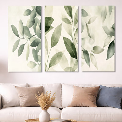 Soft Sage Leaves – Ivory Botanical 3 Piece Metal Print Set