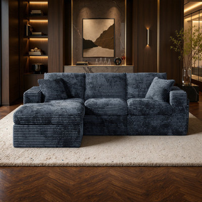 Canapé d'angle modulaire réversible de 244 cm de large en velours côtelé sans ossature, avec méridienne et poches de rangement latérales, gris
