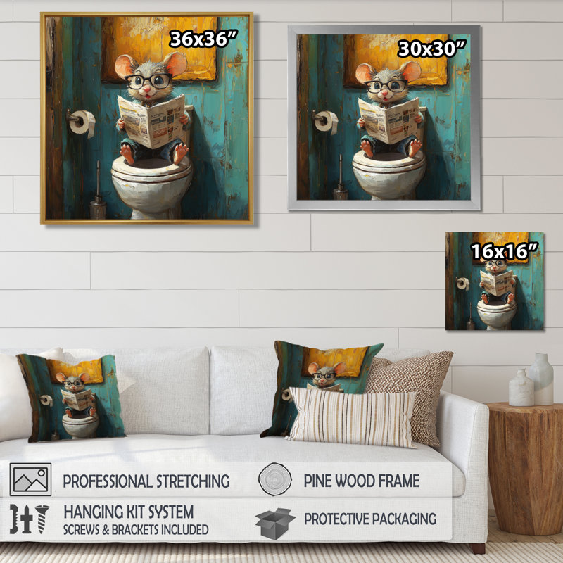 Kenshia, une jolie souris assise à la toilette II - Toile, art mural, Impression encadrée flottante, H 36 po x l 36 po, Doré