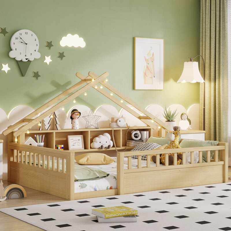 Lit en bois avec tablettes de rangement, Naturel, Lit double