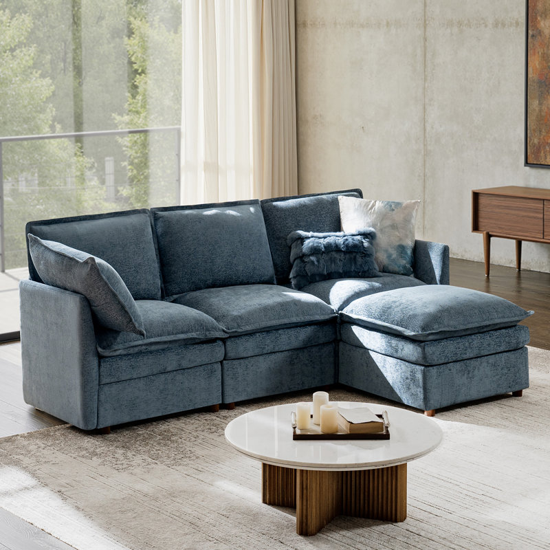 Cashin 97.5“ Modern Oversized Double-Layer Cushion Storage Sectional Sofa with Extendable Foot Pedal, Blue Polyester