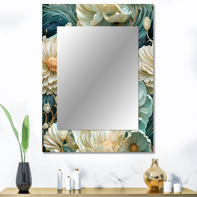 Fleur océanique harmonie de coquillage - grand miroir côtier, miroir mural décoratif vert, impression d'art en métal