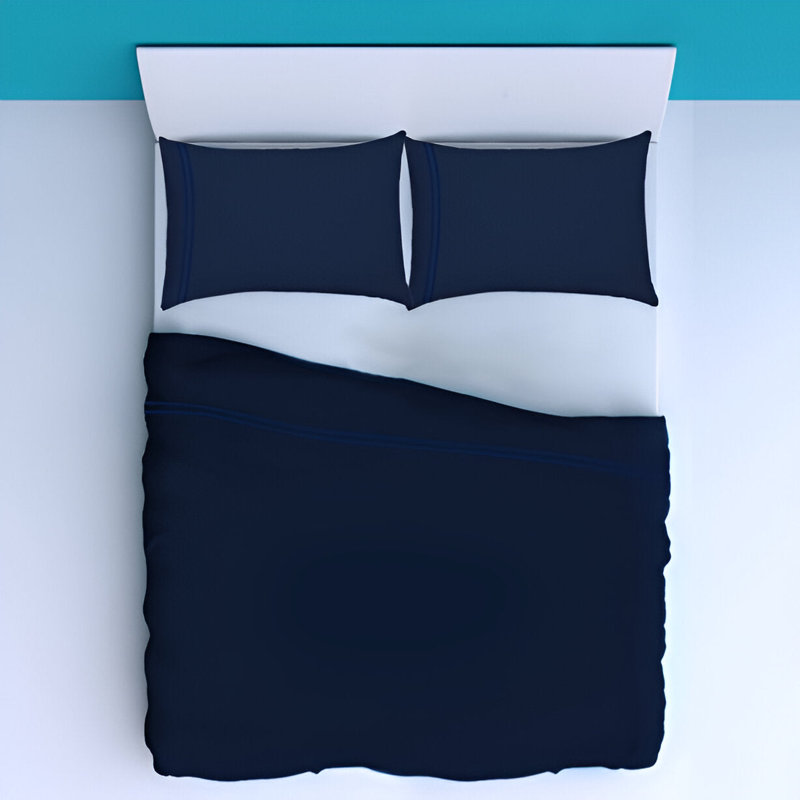 400TC Luxurious Double Embroidery Sateen Solid Cotton 4 Piece Sheet Set Fitted Sheet Fits Upto 16" Deep Pocket, Navy Blue