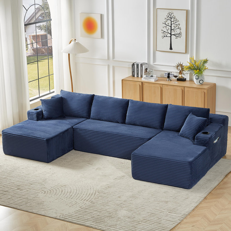 Canapé modulaire compressible en forme de U de 133,5 po avec porte-gobelet et poche latérale - aucun assemblage requis, Bleu