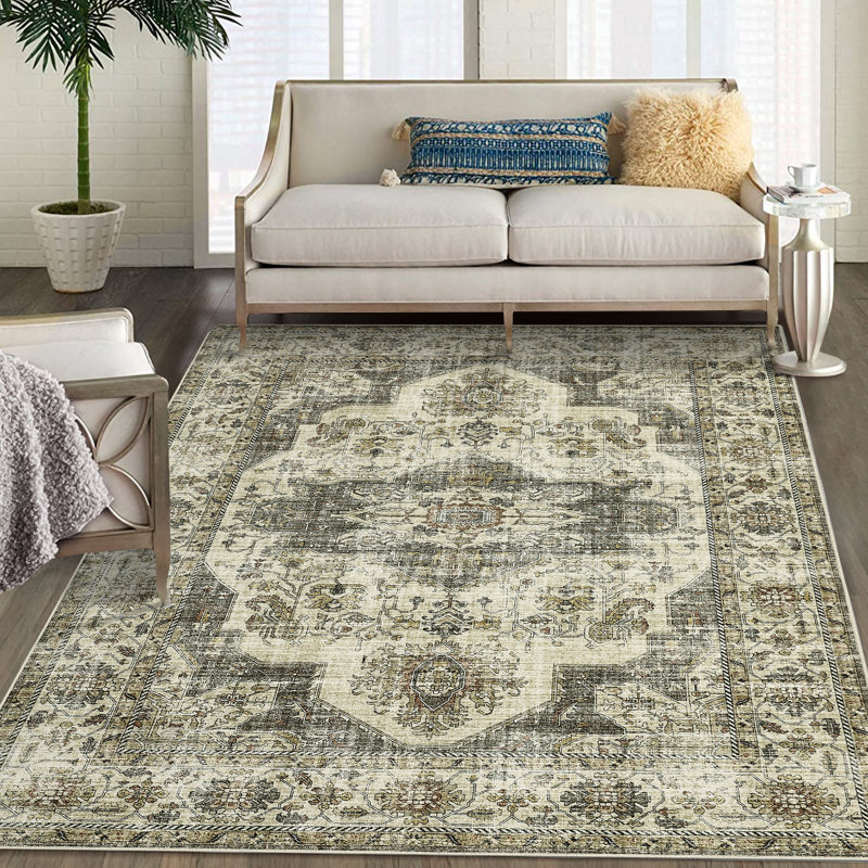 Oriental Machine Washable Rug with Rubber Backing for Living Room Durable Vintage Floor Carpet Easy-Cleaning Rug