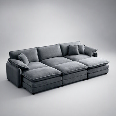 Très grand canapé modulaire rembourré avec 3 repose-pieds, convertible en canapé-lit, tissu en velours côtelé gris