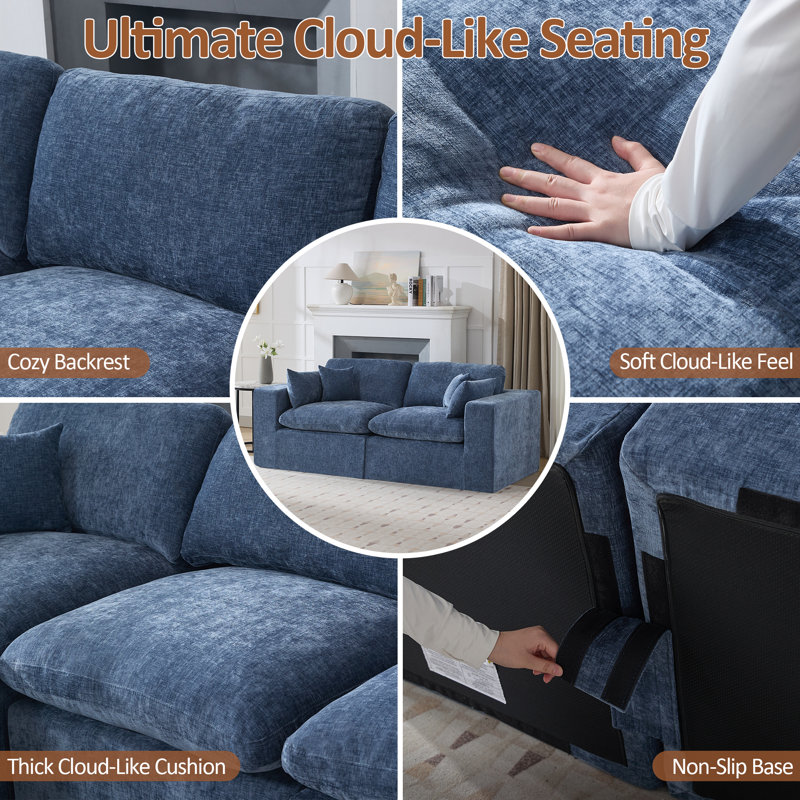 Canapé en chenille, H 25,1 po x l 83,5 po x P 41,3 po, Bleu