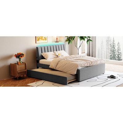 Lit plateforme tapissier avec lit gigogne simple TG et base solide, lit gigogne gris