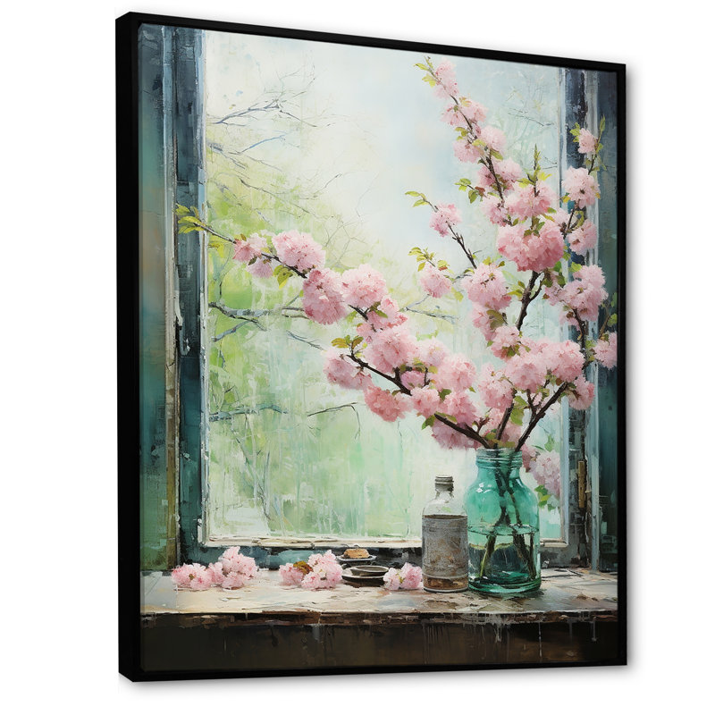 Fleurs roses du Japon, vue de fenêtre - Japon, art mural, Cadre flottant noir, H 32 po x l 16 po x P 1 po