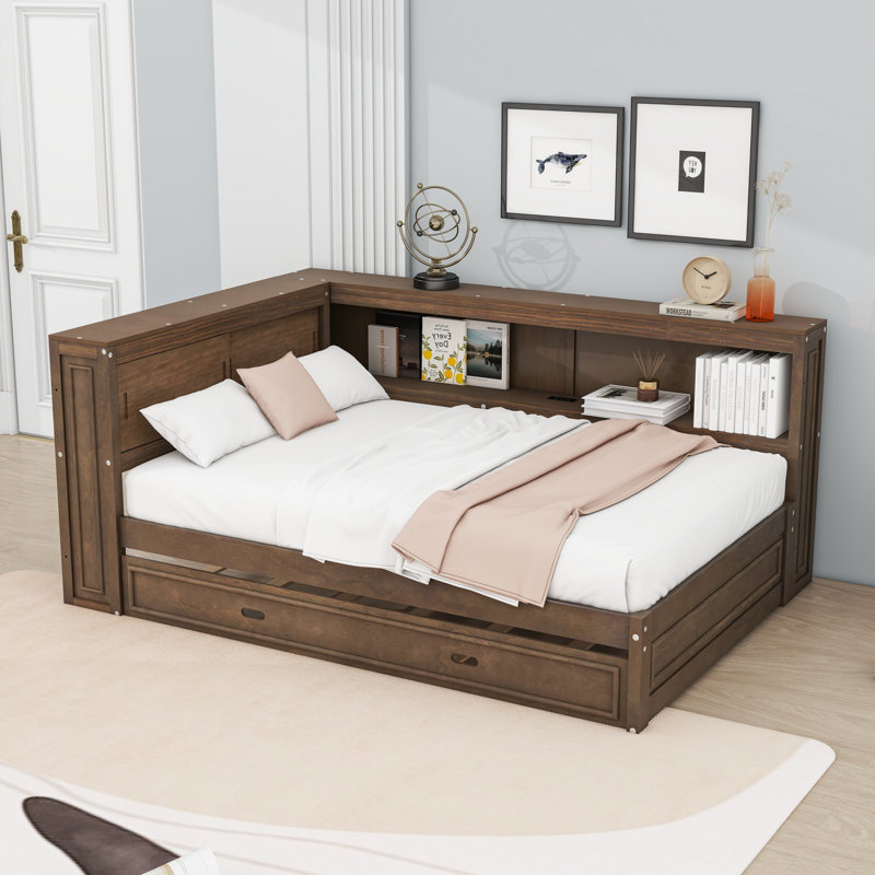 Full Wood Daybed with Twin Trundle, Shelves, Charging Station and LED Lighting, Antique Wood