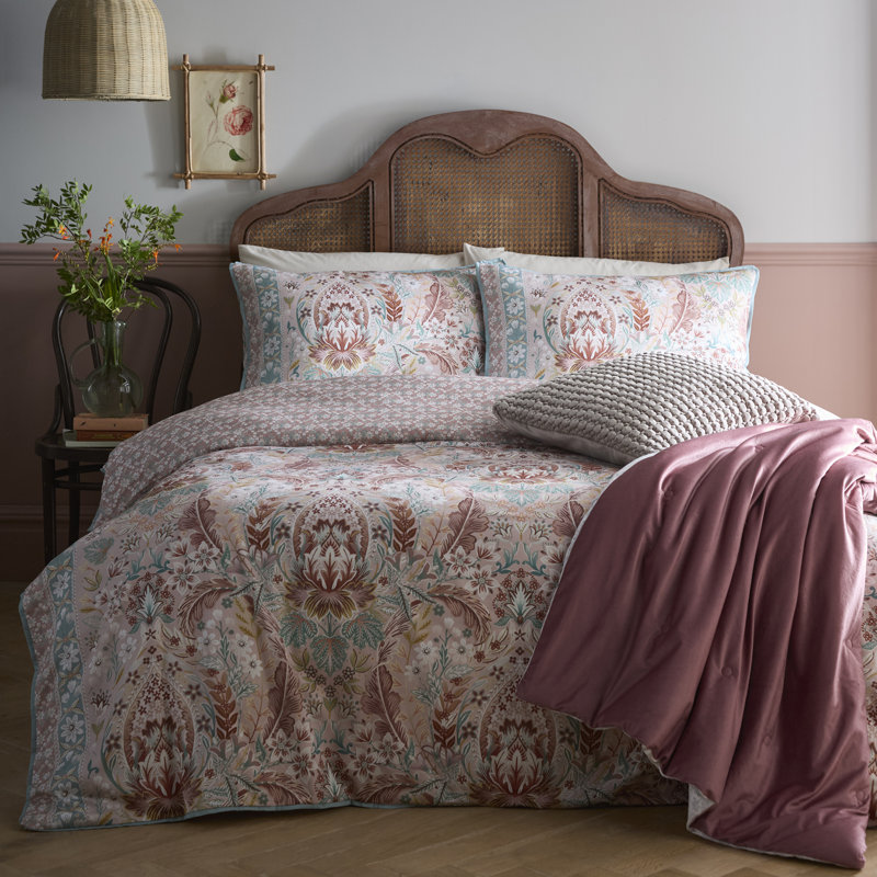 Floral Damask Cotton Floral Duvet Cover Set, Double