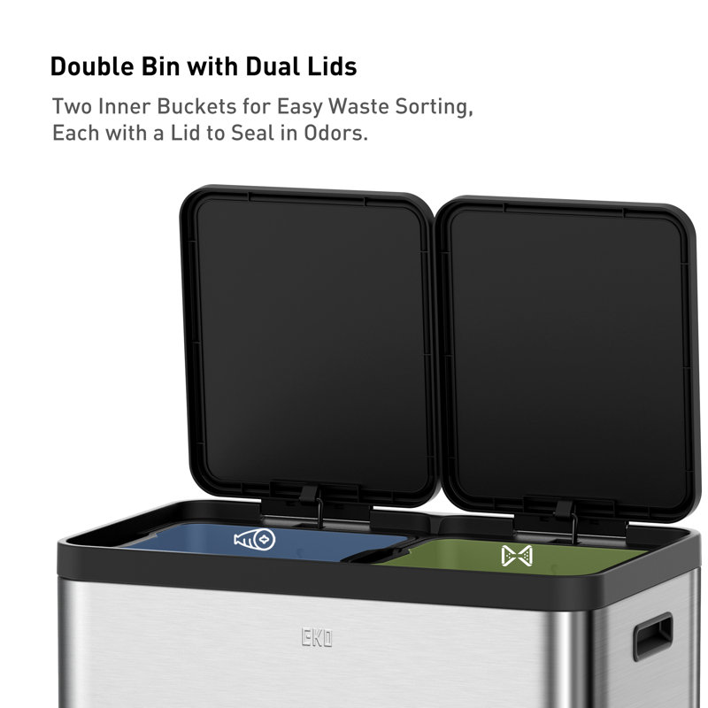 Eko Essential Recycle Step Trash Can, Stainless Steel Dual Compartment, 30l+30l, Kitchen Garbage Bin With Dual Pedals, Dual Lids, Soft Close, Smudge-resistant, Space-saving Design For Easy Recycling