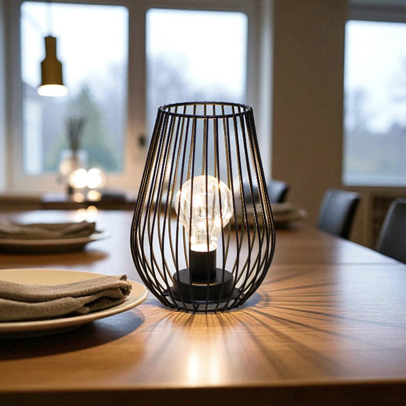 Metal Cordless Table Lamp Cage Shape Battery Operated Lamp with Warm Fairy Lights Bulb, Black
