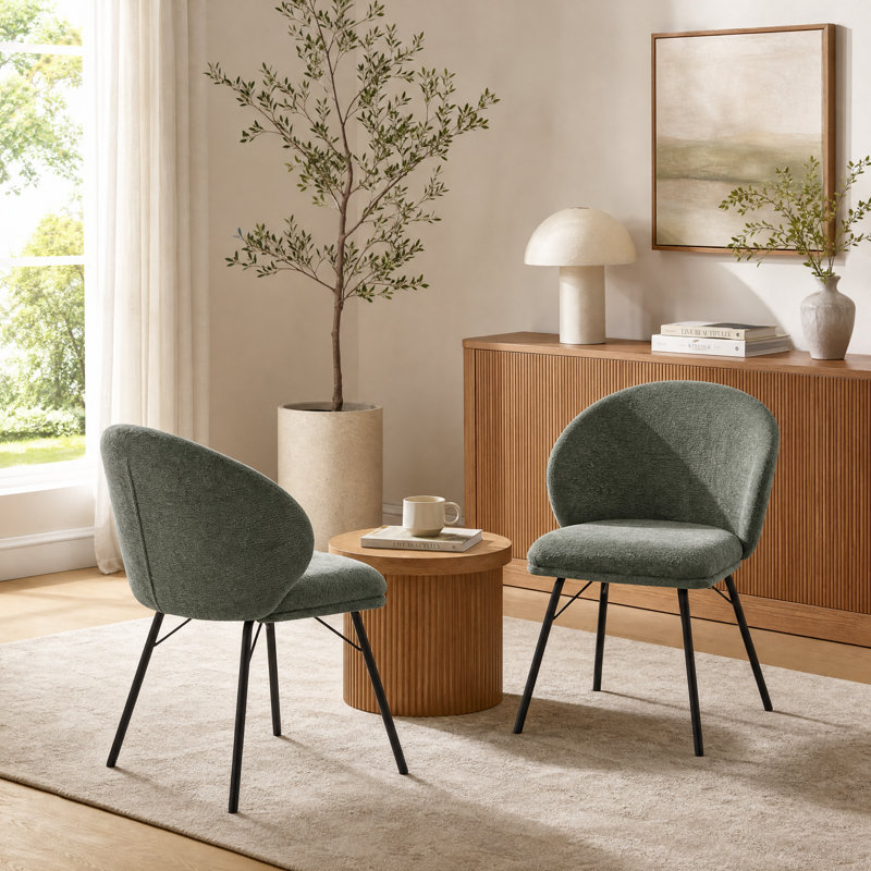 Chaises de salle à manger rembourrées en tissu crème chenille, chaises sans accoudoirs à dossier incurvé avec pieds en métal noir