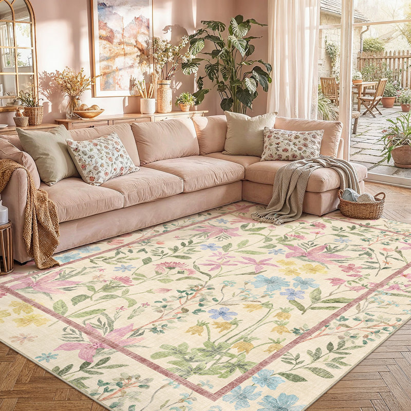 Cherry Modern Floral Machine Washable Area Rug with Non-Slip Backing, Rectangle 9' x 12'
