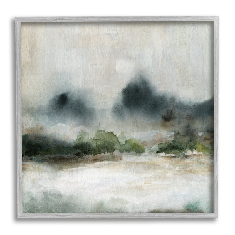 «Enigmatic Foggy Mountain», scène de paysage abstraite - cadre flottant, peinture sur bois, H 12 po x l 12 po x P 1,5 po
