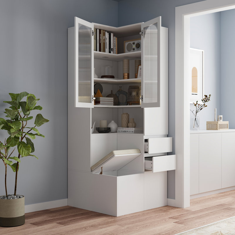 Armoire d'entrée de coin 78,7 "avec tiroirs, tablette ouverte et siège rembourré