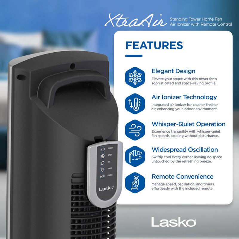 Lasko 48 Inch Silver Oscillating Tower Fan with Remote