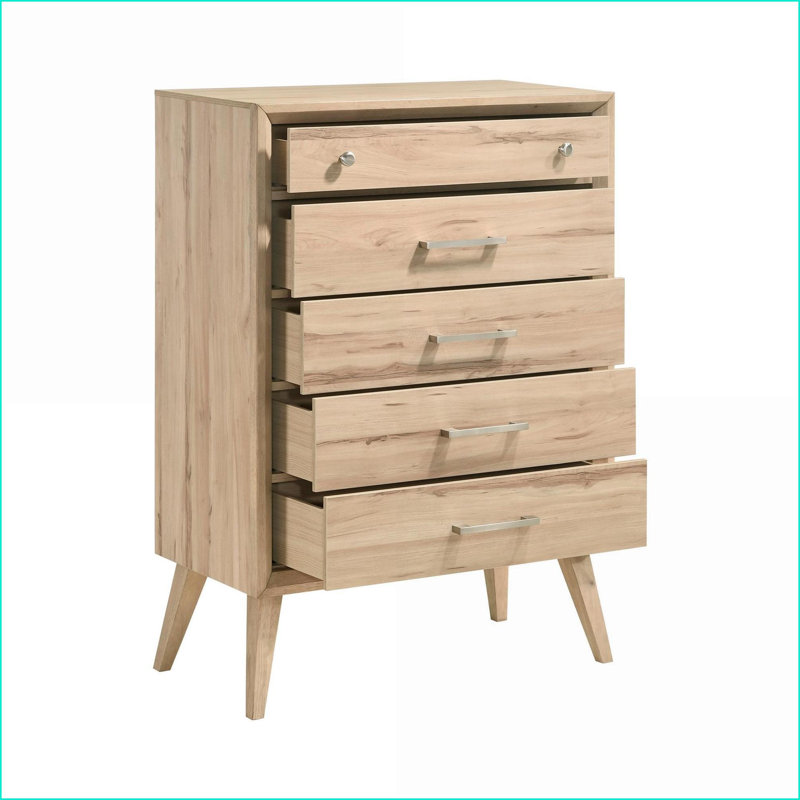 Commodes, commode en chêne naturel 5 tiroirs Mid-Century avec quincaillerie en nickel brossé | Chêne naturel | Bois