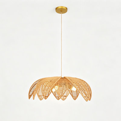Natural Rattan Pendant Light, Woven Flower-Shaped Hanging Ceiling Light for Dining Room, Kitchen Island, Bedroom & Living Room, 3 E26 Bulbs Included