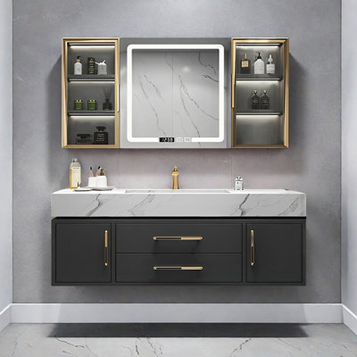 Modern rock slab integrated basin bathroom cabinet