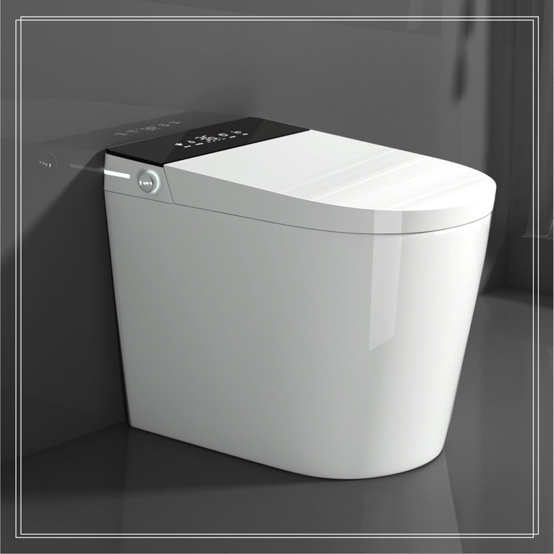 Compact Smart Toilet With Bidet Seat Built-In, Modern Tankless Design With 23.25" Depth, Auto Open Auto Flush, Heated Seat, Instant Warm Air Dryer For Small Bathrooms, White With Black Panel