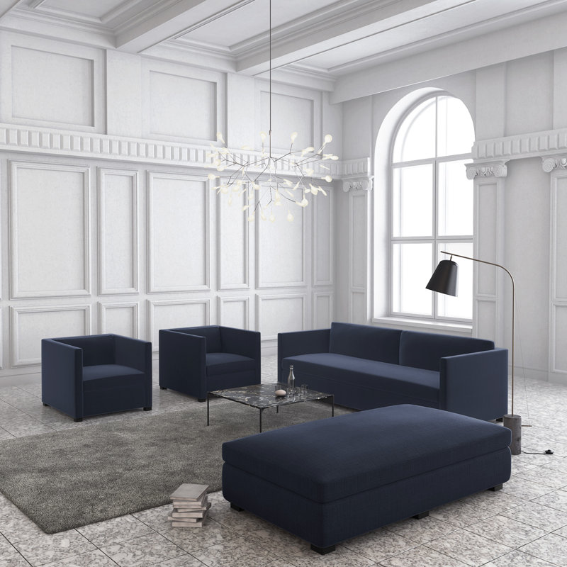 Canapé Madison, Imprimé bleu de lin à tissage carré, H 33 po x l 84 po x P 41 po, Patiné