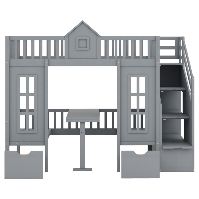 Bunk Bed With Changeable Table, Bunk Bed Turn Into Upper Bed And Down Desk, Full Over Full, Gray