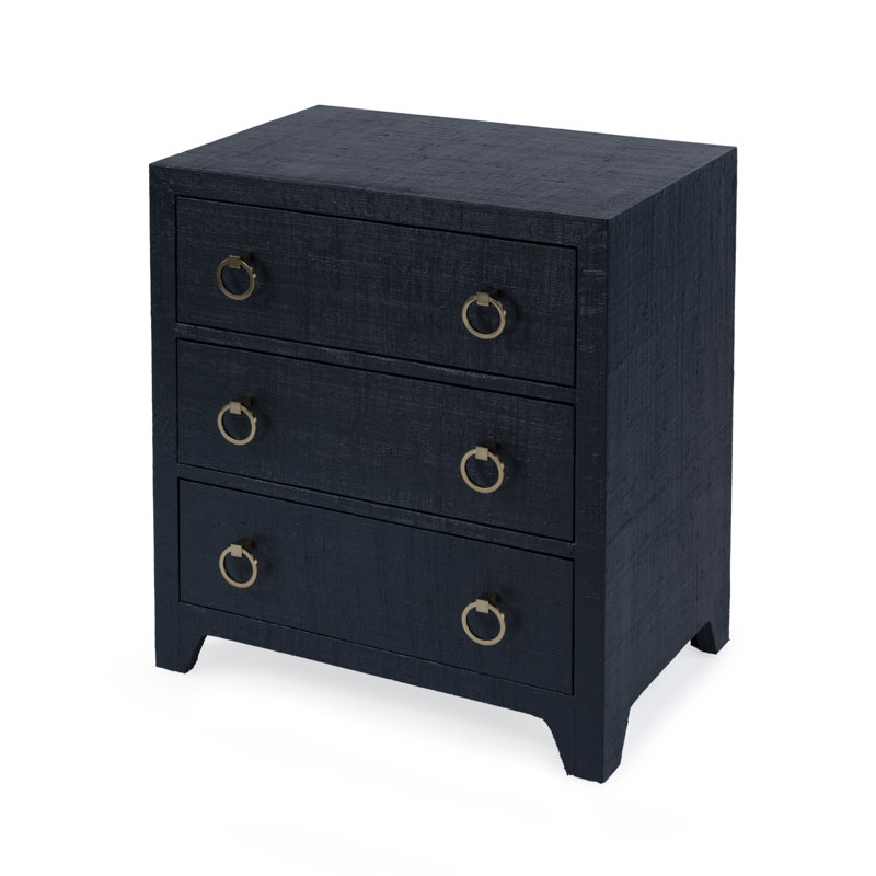 Bar Harbor Raffia 3 Drawer Nightstand, Navy Blue