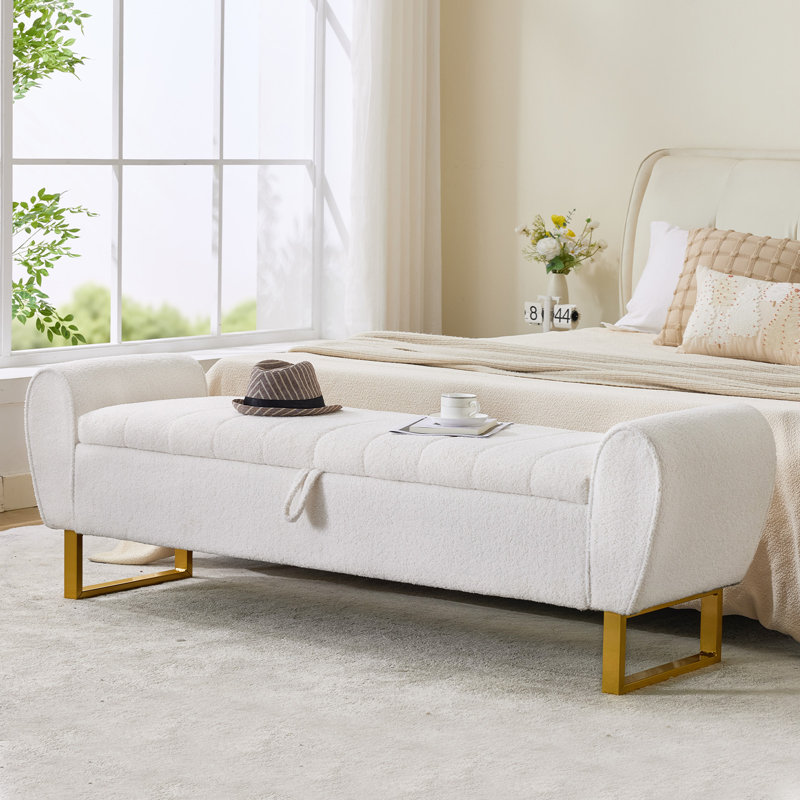 67"W Storage Bench with Gold Legs and Curved  Arms, Teddy Beige
