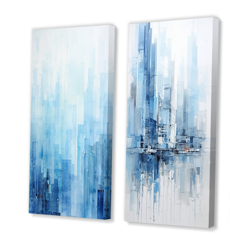 «Azure Ascent Skycrapers Harmony», ensemble d'art mural abstrait sur toile, H 32 po x l 33 po, Toile tendue