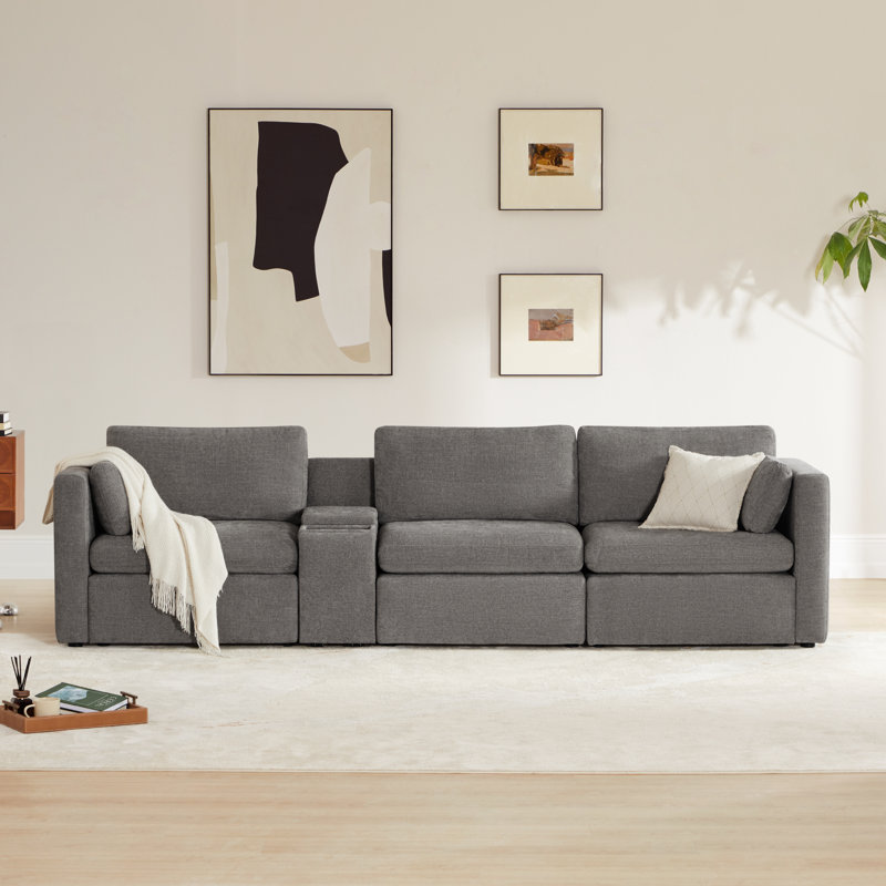 Winfree 3- Piece 112.6" Upholstered Sofa With Console, Gray