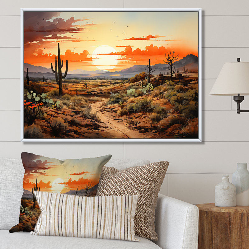 Silhouette orange, Cactus, lever de soleil - Cactus, art mural, Cadre flottant brun, H 34 po x l 44 po x P 1,5 po
