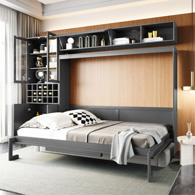 Grand lit escamotable mural avec canapé, tablettes USB et lumière, gris