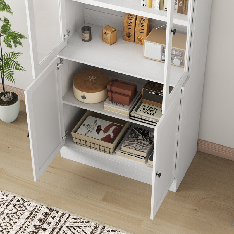 Bibliothèque de 71 po de hauteur avec portes en verre, lumières DEL et prise de courant, grande tablette de rangement pour le salon et la chambre à coucher