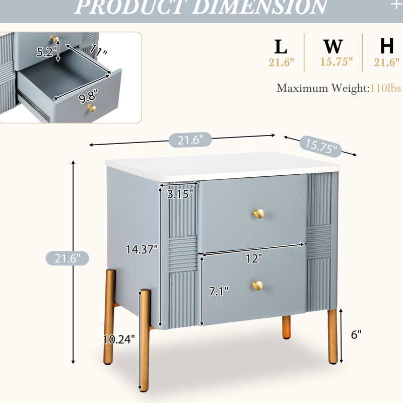 Table de bout cannelée bleue avec poignées dorées, 2 tiroirs spacieux, glissières en métal fluides, deux tiroirs de rangement, multifonction