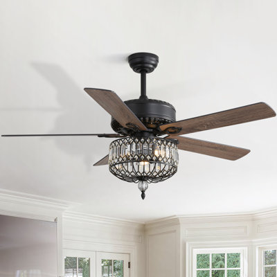 52" 5 - Blade Black/Brown Modern Farmhouse Indoor Ceiling Fan With Crystal Accents
