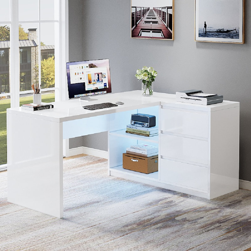 White L-Shaped Computer Desk With 3 Drawers, 55'' Modern Corner Home Office Executive Desk With Led Light