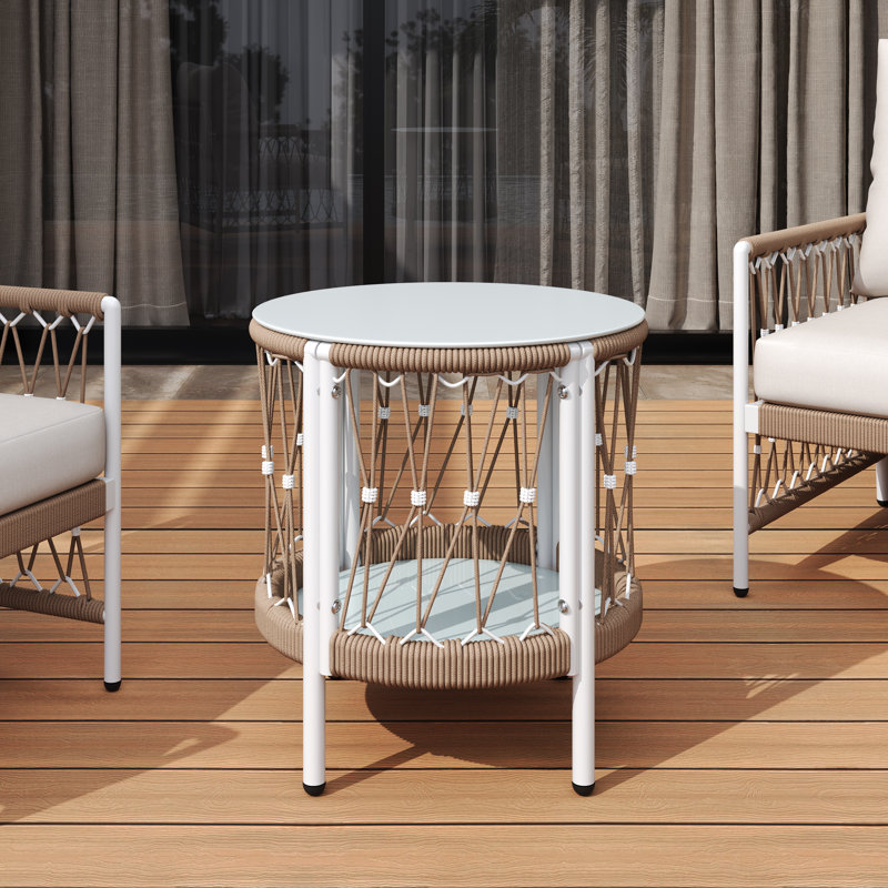 Table d'appoint en corde tissée avec plateau en verre et tablette en verre Finnerty