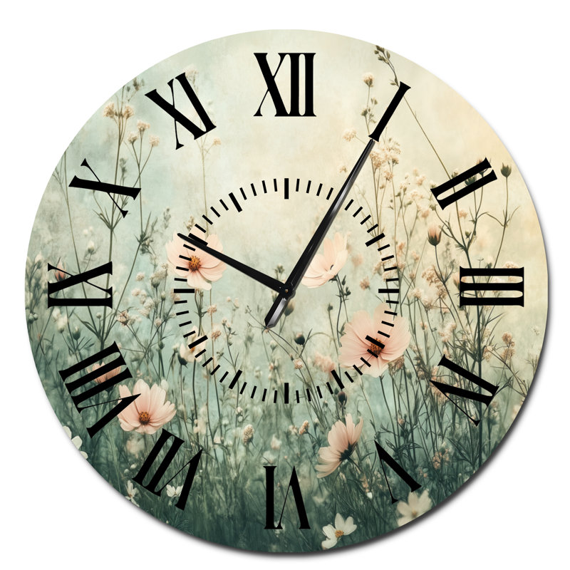 Horloge murale silencieuse en métal crème Soft Meadow Bloom - Nature, Surdimensionné