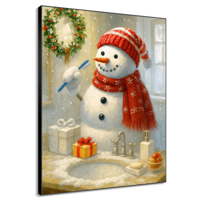 Très grand, reproduction d'art sur tissu - Bonhomme de neige rouge, décoration de salle de bain fantaisiste de Noël - «Assemblage requis du cadre (cadre non fini)»