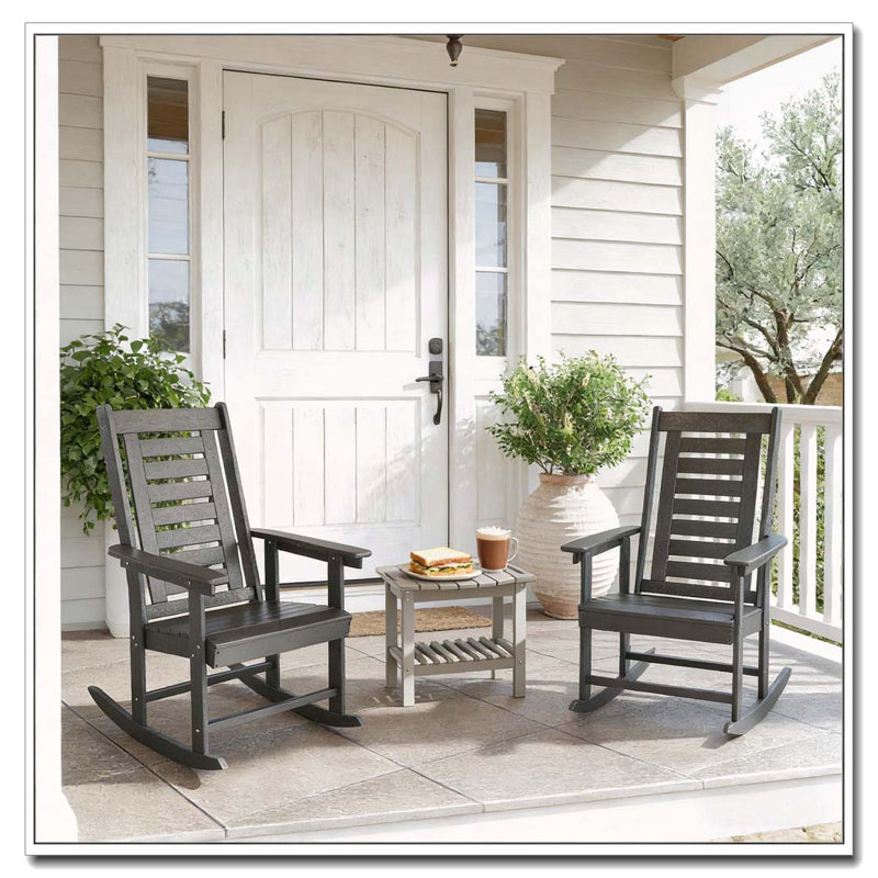Ensemble de 2 chaises berçantes en PEHD avec design à lattes, Gris foncé
