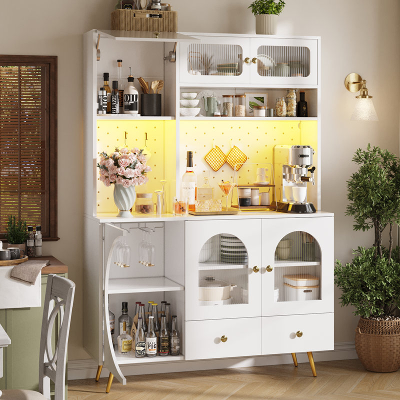Kitchen Cabinet With Led, Usb, 6 Doors And 2 Drawers, White